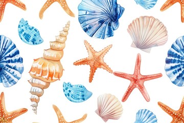 Poster - Close-up of various shells and starfish arranged on a white surface