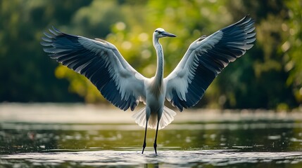 Great white and black heron or stork bird standing in river lake pond swamp water. Fauna nature wildlife animal with beak and spread wings, large avian outdoor 