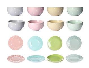 Wall Mural - Bowls and plates of different colors isolated on white, set