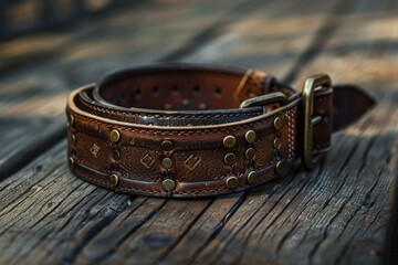 Poster - A close-up view of a leather belt resting on a wooden surface, great for backgrounds or product photography