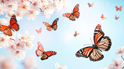 Wall Mural - Spring background with butterflies flying and cherry blossoms blooming on light blue sky