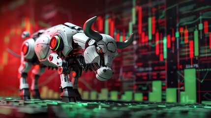 A new AI bull robot stands on a green stock market 3D bars, on red stock market background, vibrant blend, copy space for text , realistic photo high detailed