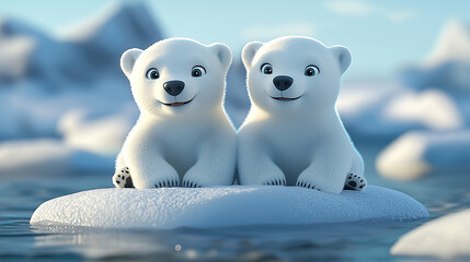 two cute white polar bear cubs sitting on an ice floe in the arctic ocean