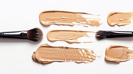 Wall Mural - A flat lay image showcasing swatches of foundation makeup with makeup brushes on a white background.