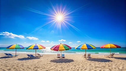 summer beach scene with bright sun, clear blue sky, sandy shore, and vibrant beach umbrellas , summe