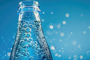 Poster - A clear plastic bottle filled with carbonated water and visible air bubbles