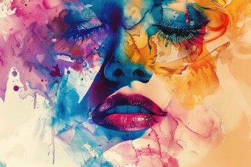 Canvas Print - A close-up portrait of a woman's face with vibrant colors, perfect for illustrations or design projects