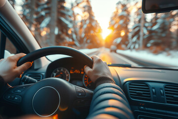 Car driver hands on steering wheel on road trip on highway