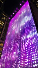  Innovative High-Tech Building Facade with LED Illumination: Futuristic Architectural Close-up Showcasing Creative Design. Vibrant Blue and Purple Technological Structure Featuring Dynamic Light Patte