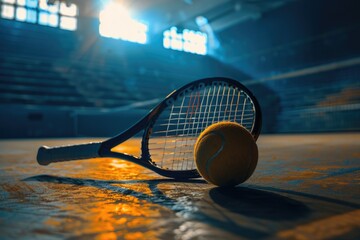 Wall Mural - A tennis racket and two tennis balls sit on a court, ready for a match