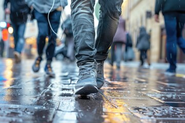 Poster - Group of individuals navigating through rain-soaked pavement, suitable for use in weather-related or urban scene contexts
