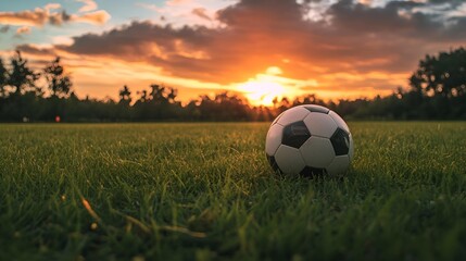 Classic black and white soccer ball rests on lush green field ready for game play