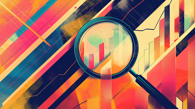 A typography-focused design featuring motivational financial phrases and keywords, creatively arranged around an abstract outline of a magnifying glass and graphs.