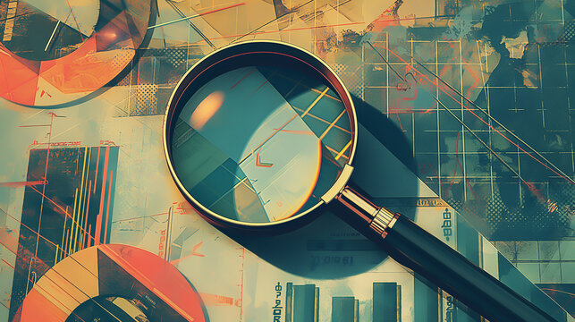 A typography-focused design featuring motivational financial phrases and keywords, creatively arranged around an abstract outline of a magnifying glass and graphs.
