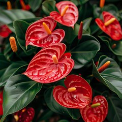 Poster - Red anthurium flowers with yellow pistil and several green leaves. Views from above
