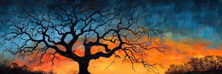 Sticker - Silhouetted Tree Against Orange and Blue Sunset