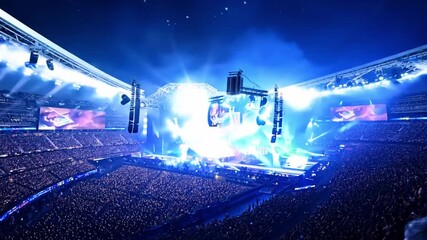 Aufkleber - A large crowd enjoys a live concert filled with colorful lights and energetic performances inside a stadium at night.