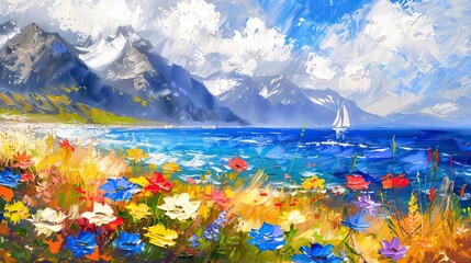 Sailing in the polar sea, the shore is full of colorful flowers. Oil painting style