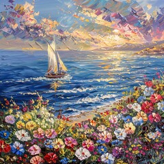 Sailing in the polar sea, the shore is full of colorful flowers. Oil painting style