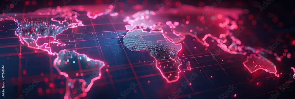 Futuristic Digital World Map with Glowing Red Highlights and Network ...