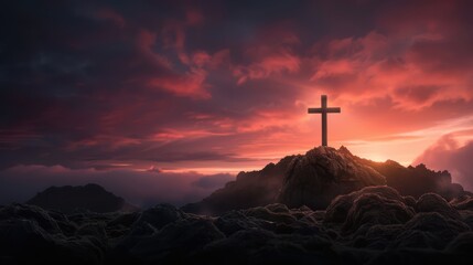 Majestic Cross on Rocky Mountain at Sunset with Dramatic Sky and Clouds in the Background