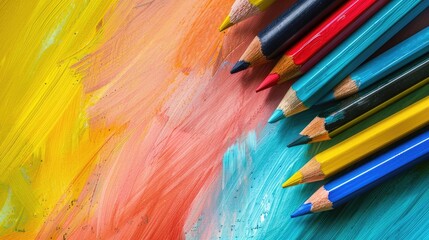 Wall Mural - Colored pencils and pastels isolated on colorful background