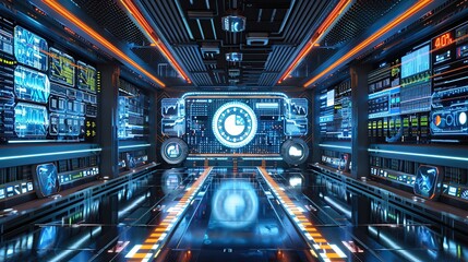 Poster - An AI-driven robotics facility monitoring real-time data on manufacturing efficiency, vibrant screens displaying complex analytics. copy space for text.