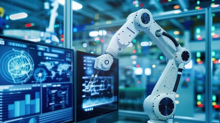 Poster - An AI-driven robotics facility monitoring real-time data on manufacturing efficiency, vibrant screens displaying complex analytics. copy space for text.