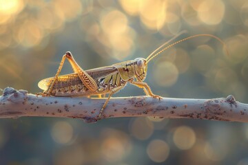 Wall Mural - A detailed view of a grasshopper perched on a branch, perfect for illustrating nature and wildlife themes