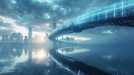 Poster - Futuristic bridge with digital network design over a calm body of water. Cityscape in the background under a cloudy sky. copy space for text.