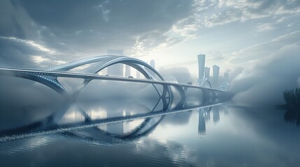 Poster - Futuristic bridge with digital network design over a calm body of water. Cityscape in the background under a cloudy sky. copy space for text.