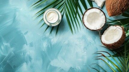 Canvas Print - Coconut in Food and Beauty Whole fruit cracked in half cream jar palm leaf on blue table Close up top view copy space flat lay