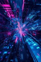 futuristic scene in shades of blue and purple, emphasizing the business side of generative AI and its impact on the global economy