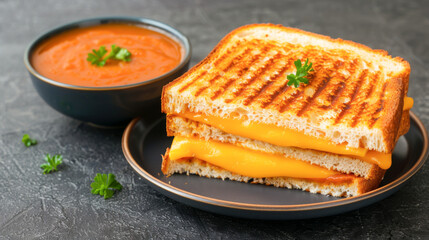 Grilled cheese sandwich with melted cheese paired with a bowl of tomato soup, garnished with fresh herbs for a comfort meal.