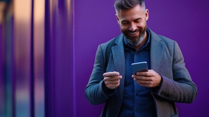 man with phone on purple background