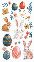 Wall Mural - Colorful collection with easter rabbit and easter eggs.