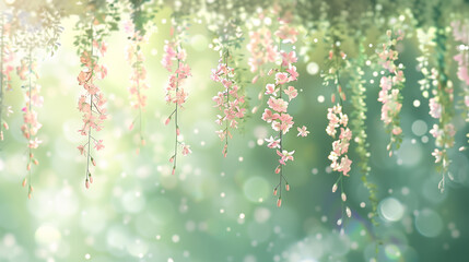 Wall Mural - Hanging Pink and Green Flowers with Bokeh Background