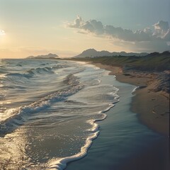 Wall Mural - A serene beach scene with clear water, soft sand, and a vibrant sky, perfect for relaxing vacations and enjoying tropical landscapes.