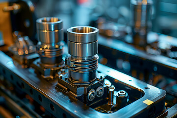 Close-up view of two pistons in a cylinder with valves on a modern engine