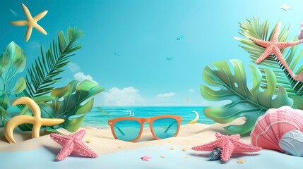 Wall Mural - A vibrant summer vacation banner featuring a sunny beach with palm trees, ocean waves, and sandy shores, evoking relaxation and tropical bliss.