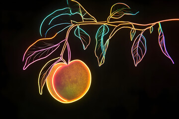 Wall Mural - Neon outline of ripe nectarine on glowing branch isolated on black background.