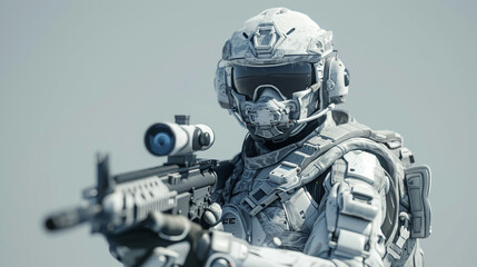 Futuristic soldier in advanced combat gear with a rifle in grey background