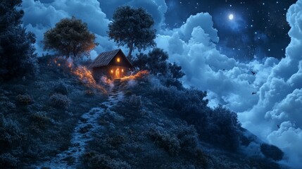 Wall Mural - Mystical Cottage on a Starry Night