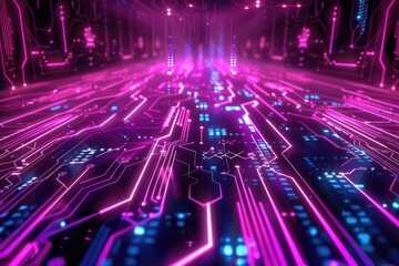 Poster - A close-up of a futuristic-looking circuit board with vibrant purple and blue components lit up by neon lights