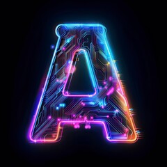 Futuristic A letter symbol with a holographic design, illuminated lines, and a sleek black backdrop. Ideal for cutting-edge technology and digital art visuals.