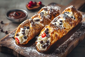 Wall Mural - Delicious chocolate chip cannoli on a wooden board with powdered sugar.