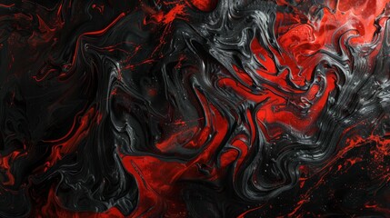 Dynamic abstract painting where deep black forms the backdrop for a burst of crimson red shapes that seem to move outward from the center. Center splash. Black and red colors.