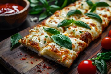 Wall Mural - Colorful cheese pizza with fresh basil and cherry tomatoes on a wooden board.