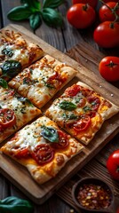 Wall Mural - Delicious homemade pizza with fresh tomatoes and basil on a wooden board.