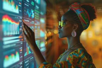 Aufkleber - A woman looks at information on a screen, possibly in an office or public space